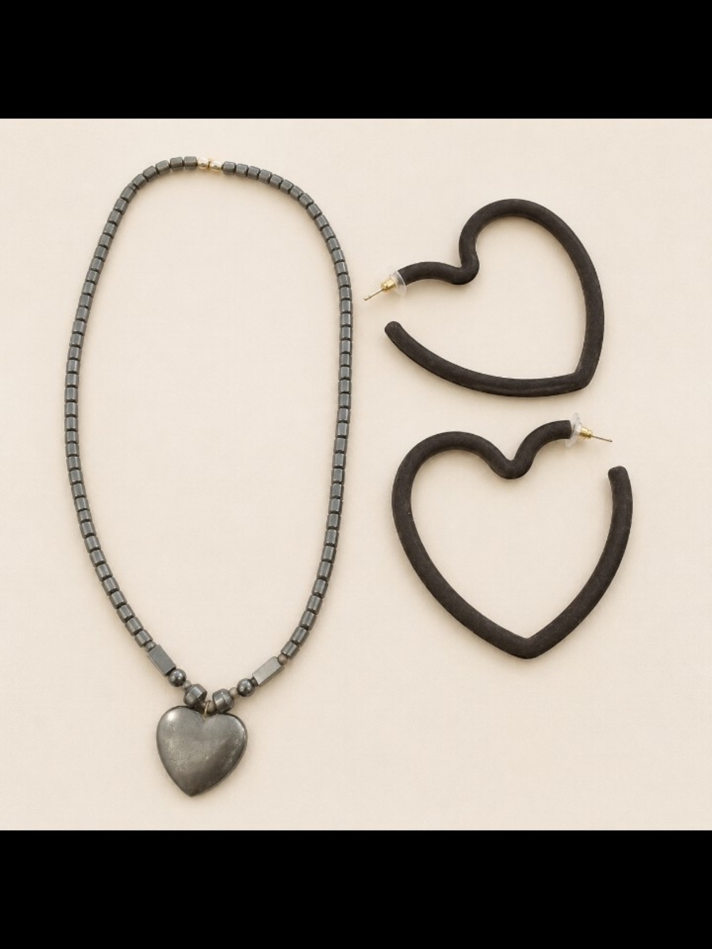 Heart Pendant Hematite Necklace and Heart Hoop Earrings Set - Black